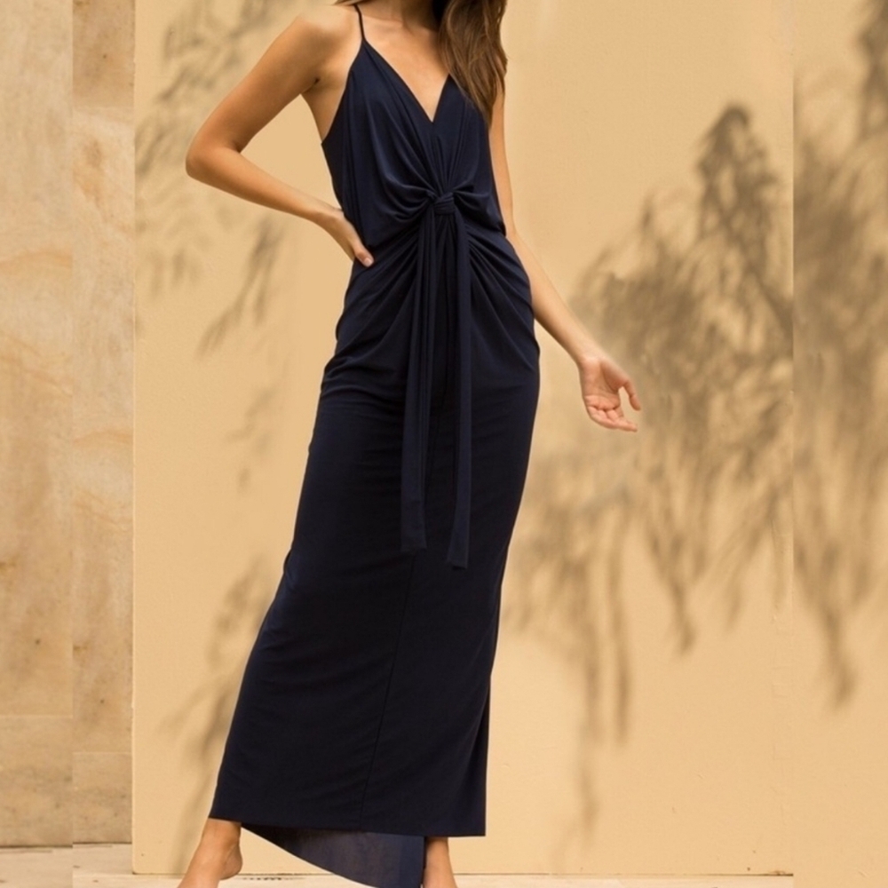 MISA Los Angeles Women's Navy Blue Sleeveless Domino Tie Front Maxi Dress, S